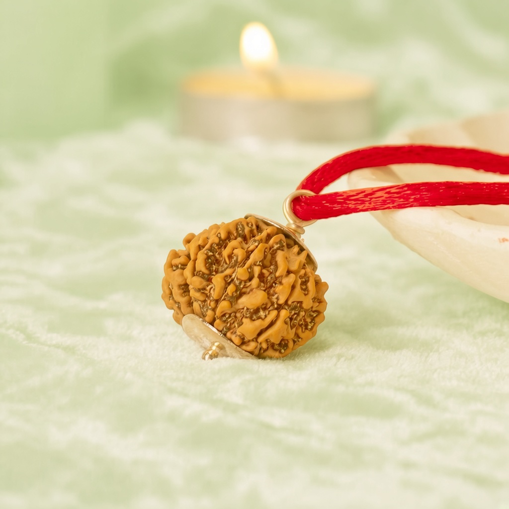 VASTUKOSHA 8 Mukhi Nepal origin Rudraksha bead on a red cord, featuring natural texture for spiritual meditation.