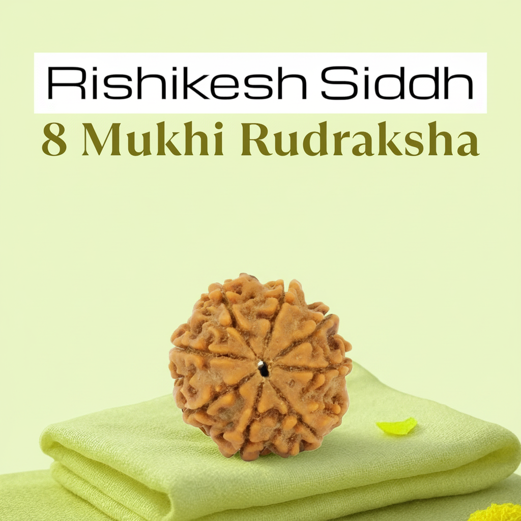 VASTUKOSHA 8 Mukhi Nepal origin Rudraksha bead with natural textured surface resting on a soft light green cloth.
