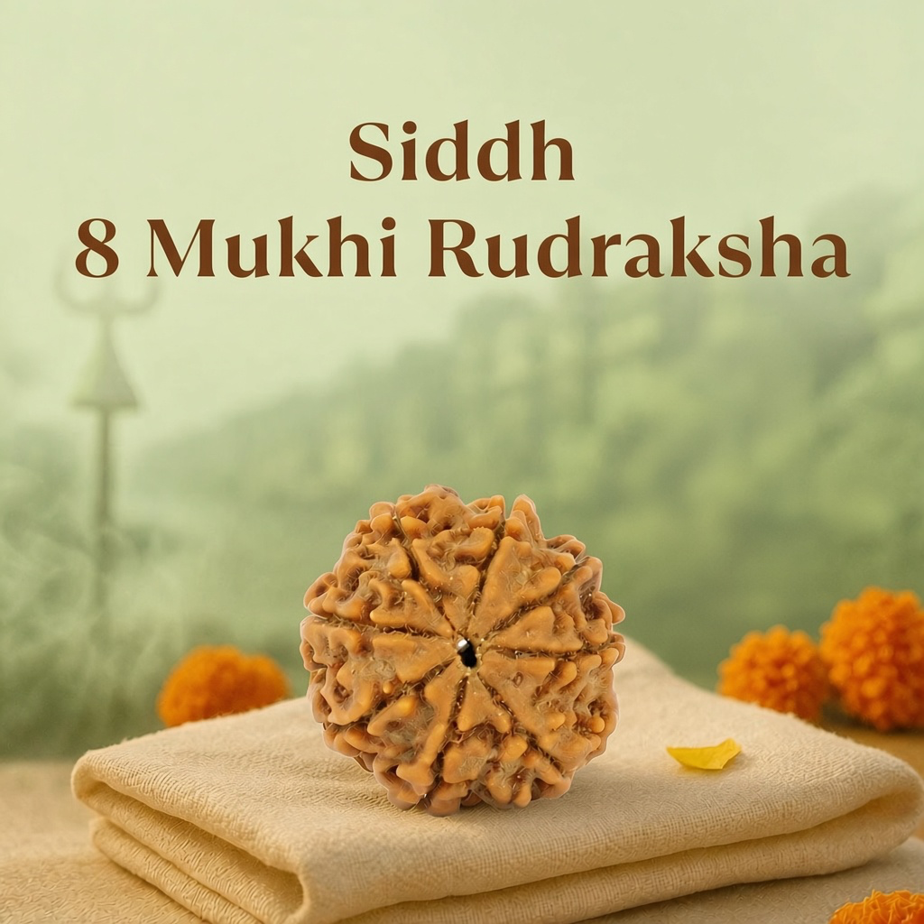 VASTUKOSHA Nepal origin 8 Mukhi Rudraksha bead with natural textured surface, resting on a soft cloth for meditation.