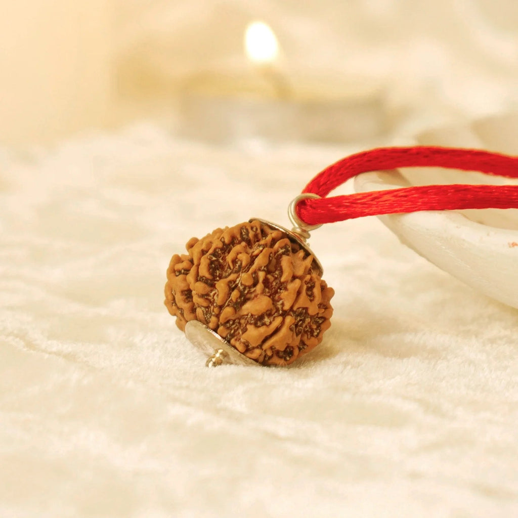 VASTUKOSHA 8 Mukhi Nepal Rudraksha bead on a red thread, featuring natural textured surface and sacred spiritual design.