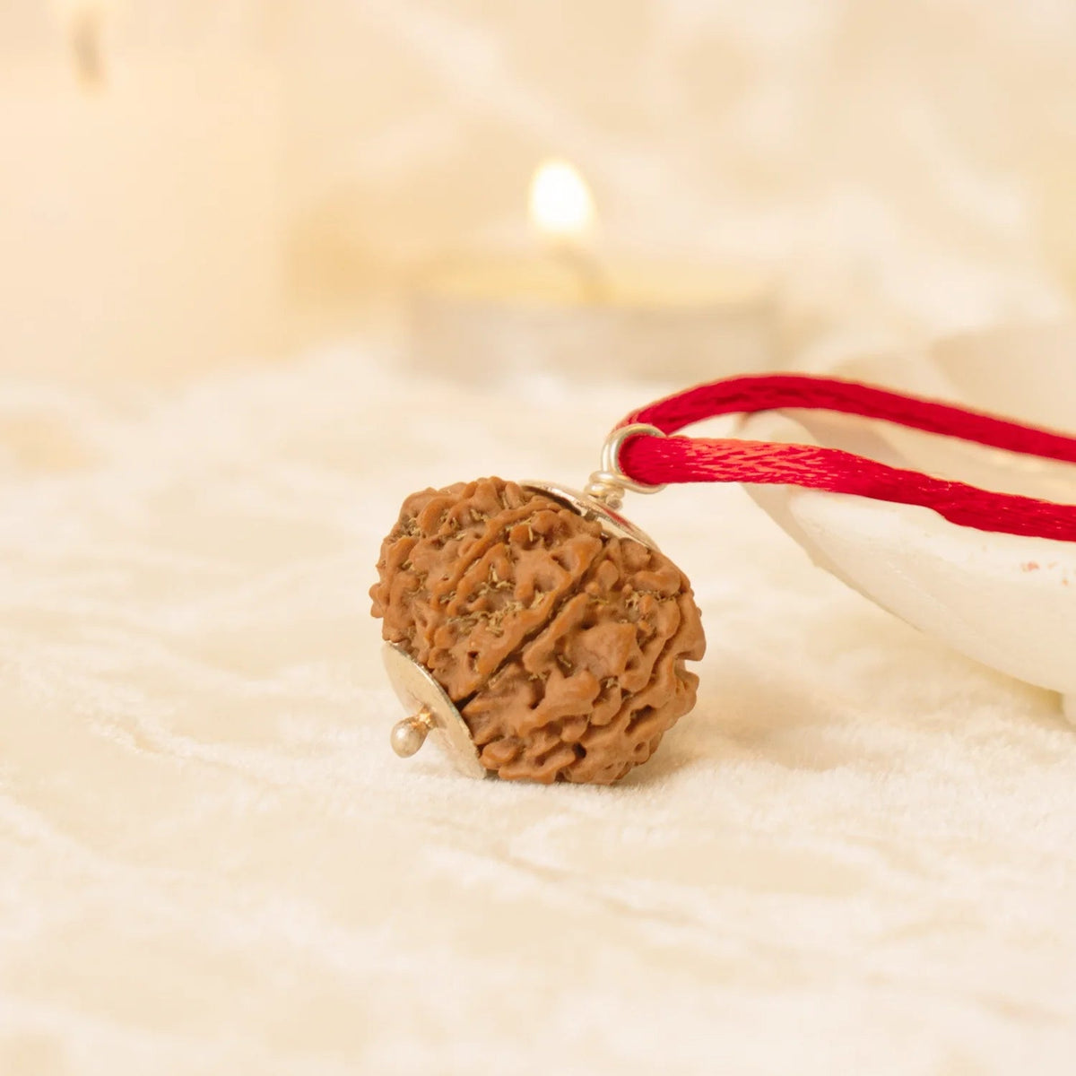 VASTUKOSHA 9 Mukhi Nepal Rudraksha bead on a red cord, featuring natural texture and traditional silver-tone setting.