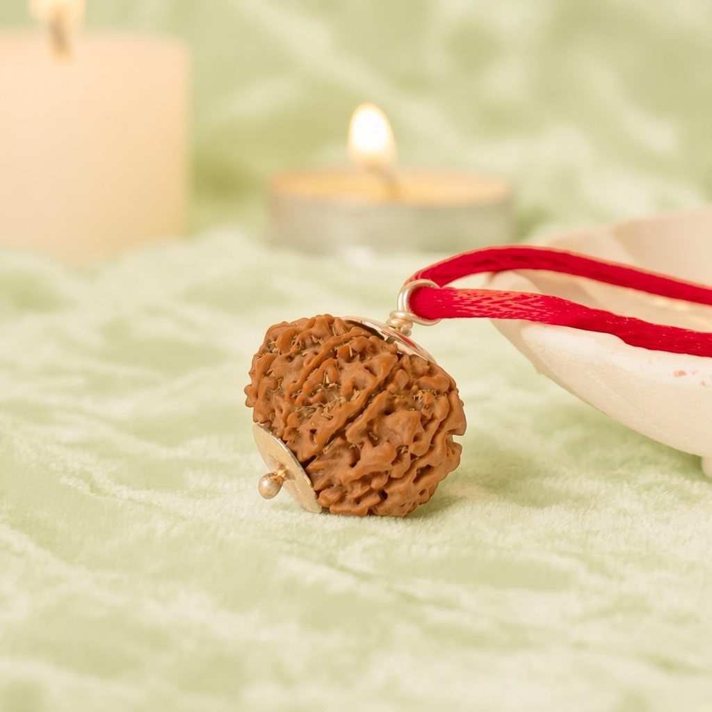 VASTUKOSHA 9 Mukhi Nepal Rudraksha bead on a red cord, featuring natural texture and spiritual design for meditation.