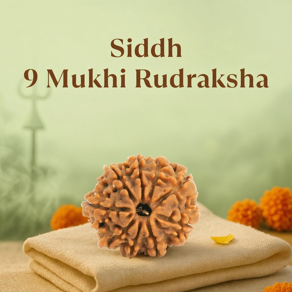 VASTUKOSHA 9 Mukhi Rudraksha bead from Nepal, featuring natural texture and ridges, resting on a soft cloth.