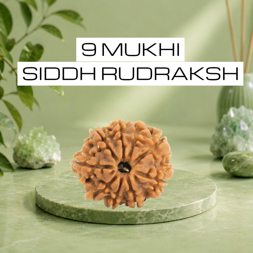 VASTUKOSHA 9 Mukhi Siddh Nepal Origin Rudraksha bead on a green marble pedestal with natural crystal accents