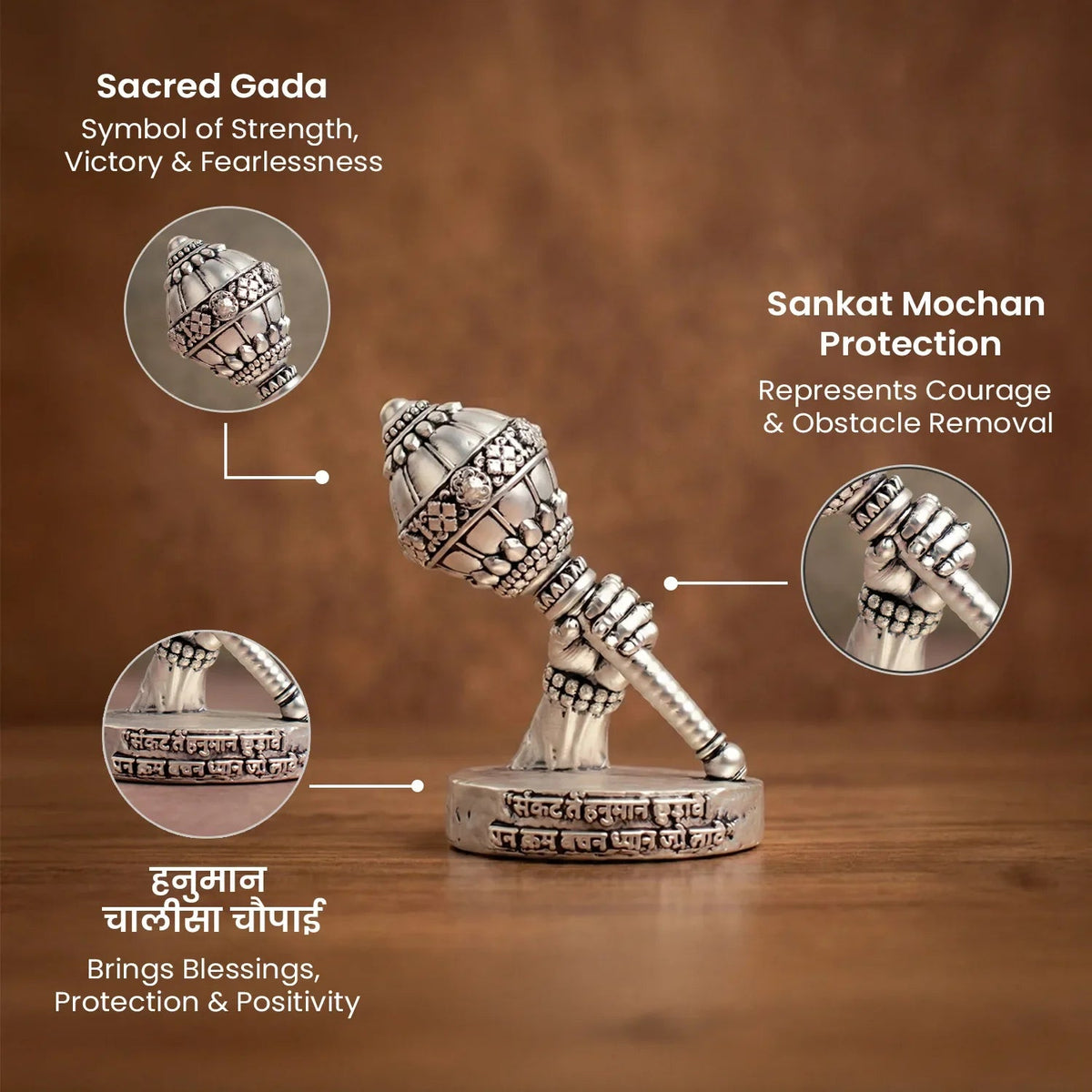 VASTUKOSHA 999 silver plated Shri Hanuman Gada idol with Hanuman Chalisa engraving on a circular base.