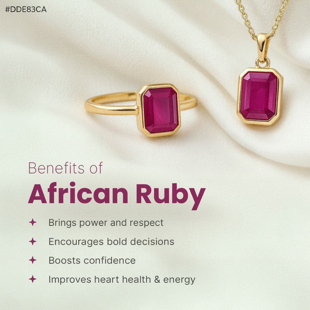 VASTUKOSHA African Ruby gemstone set in a gold ring and pendant on white fabric with benefits listed in text.