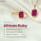VASTUKOSHA African Ruby gemstone set in a gold ring and pendant on white fabric with benefits listed in text.