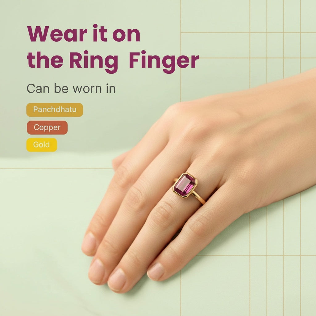 VASTUKOSHA African ruby gemstone set in a gold ring on a finger, highlighting traditional Jyotish wearing guidance.