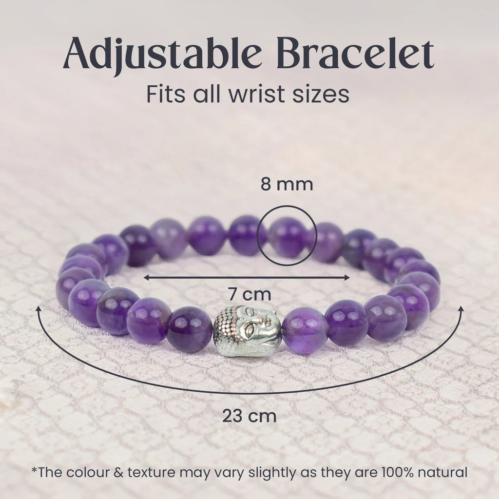 VASTUKOSHA 8mm natural purple amethyst bead bracelet with a silver Buddha charm, showing size dimensions.