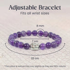 VASTUKOSHA 8mm natural purple amethyst bead bracelet with a silver Buddha charm, showing size dimensions.