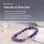 VASTUKOSHA amethyst bead bracelet with a silver Buddha charm, displayed on a white surface with text overlay.