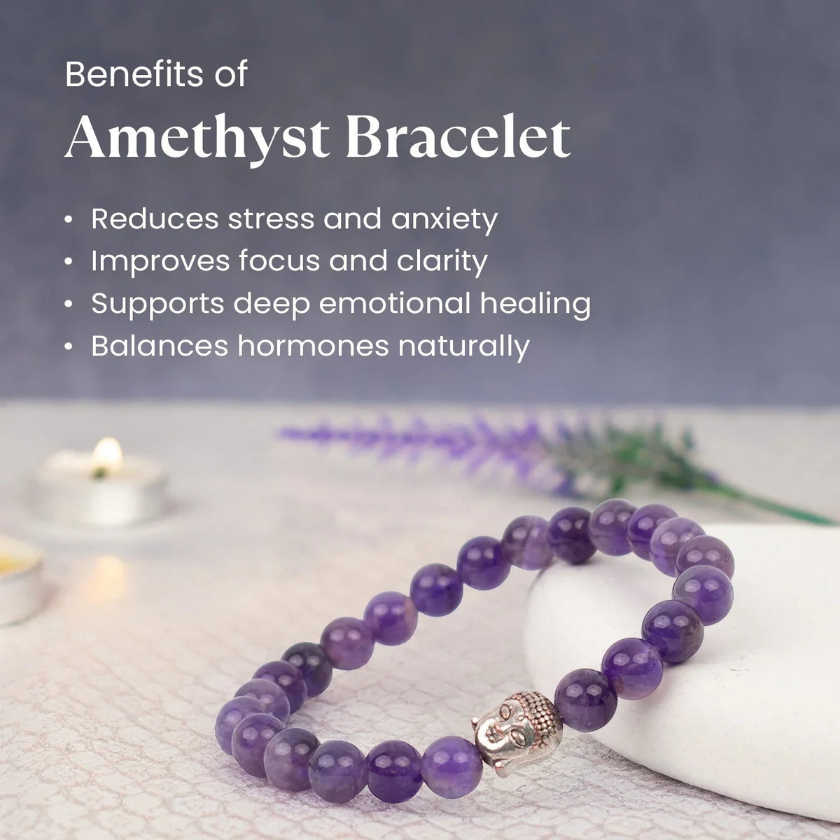 VASTUKOSHA amethyst bead bracelet with a silver Buddha charm, displayed on a white surface with text overlay.