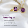 VASTUKOSHA gold ring and pendant set featuring oval natural purple amethyst stones on a white silk background.