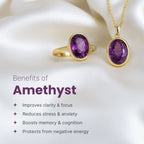 VASTUKOSHA gold ring and pendant set featuring oval natural purple amethyst stones on a white silk background.