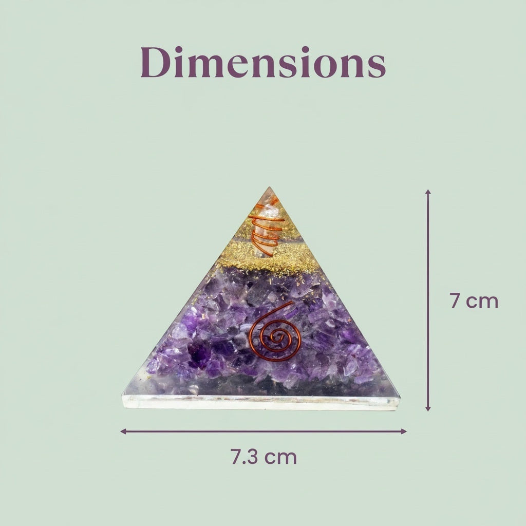 VASTUKOSHA amethyst orgonite pyramid with copper coil and gold leaf, 7cm tall healing crystal for chakra balancing.