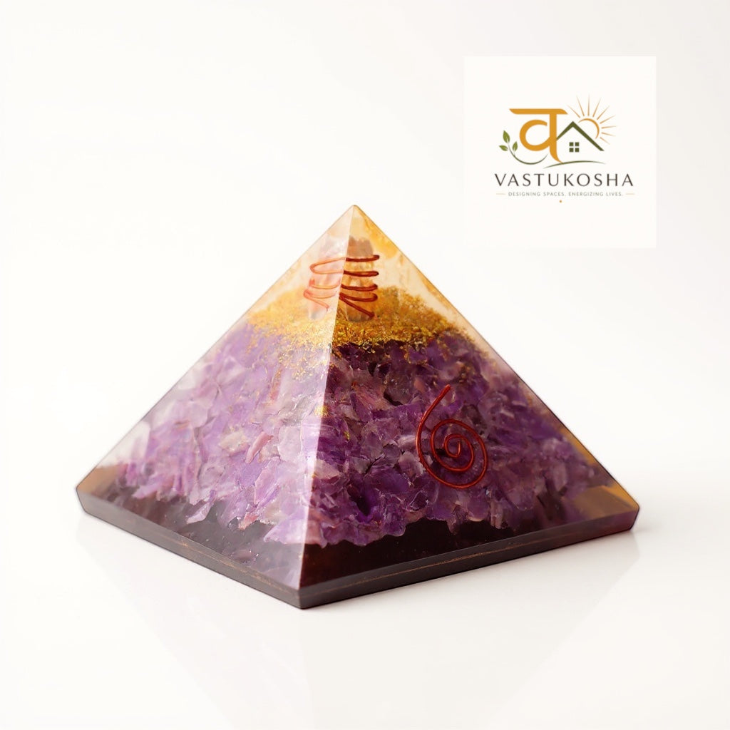 VASTUKOSHA amethyst orgonite pyramid with copper coil and gold flakes for healing and chakra balancing.