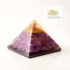 VASTUKOSHA amethyst orgonite pyramid with copper coil and gold flakes for healing and chakra balancing.