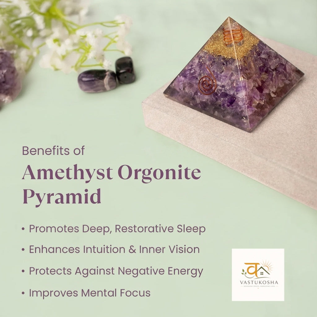 VASTUKOSHA amethyst orgonite pyramid with copper coil and gold flakes for spiritual healing and chakra balancing