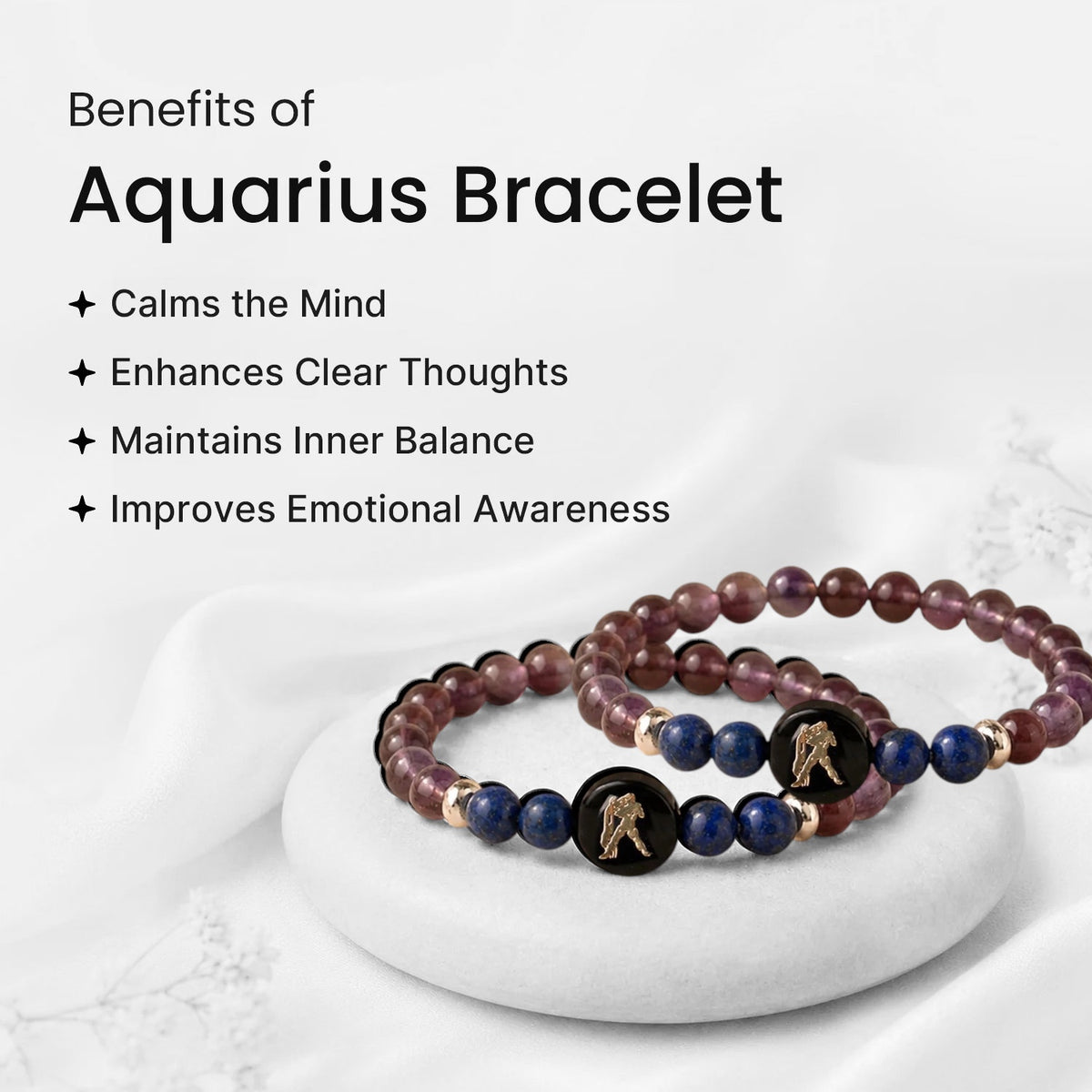 VASTUKOSHA Aquarius zodiac bracelet featuring purple amethyst and blue lapis lazuli beads with a gold Aquarius charm.