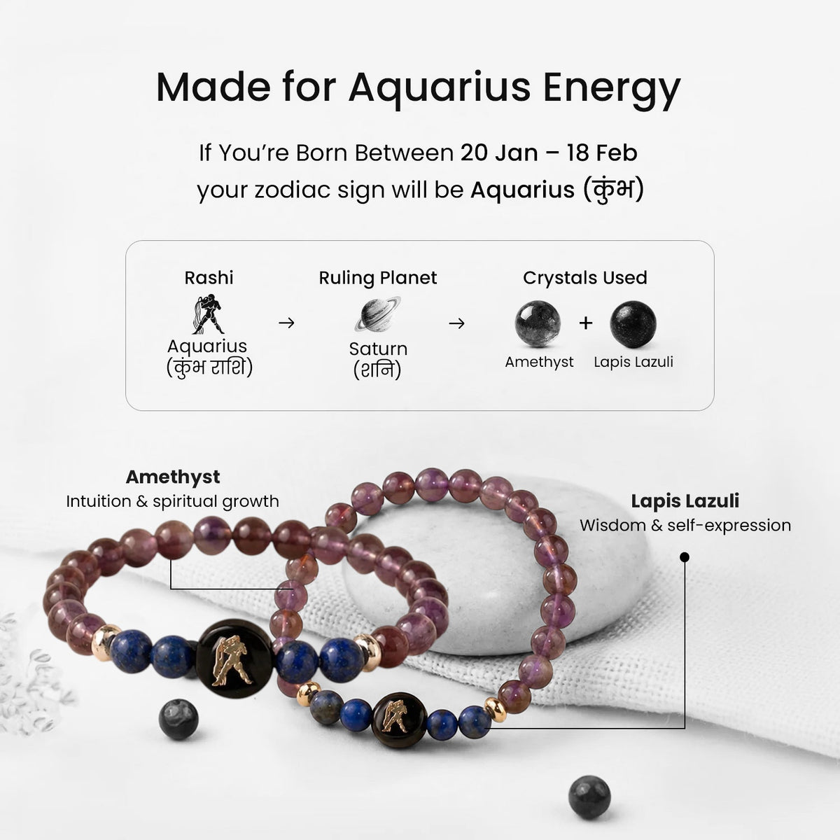 VASTUKOSHA Aquarius zodiac bracelet featuring purple amethyst and blue lapis lazuli beads with a gold-tone charm