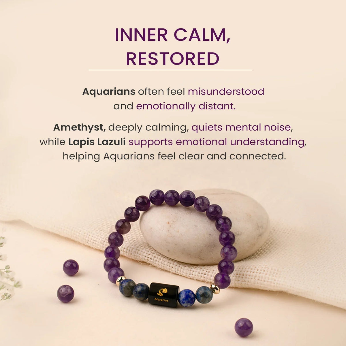 VASTUKOSHA Aquarius zodiac bracelet featuring purple amethyst and blue lapis lazuli beads with a central Aquarius charm.