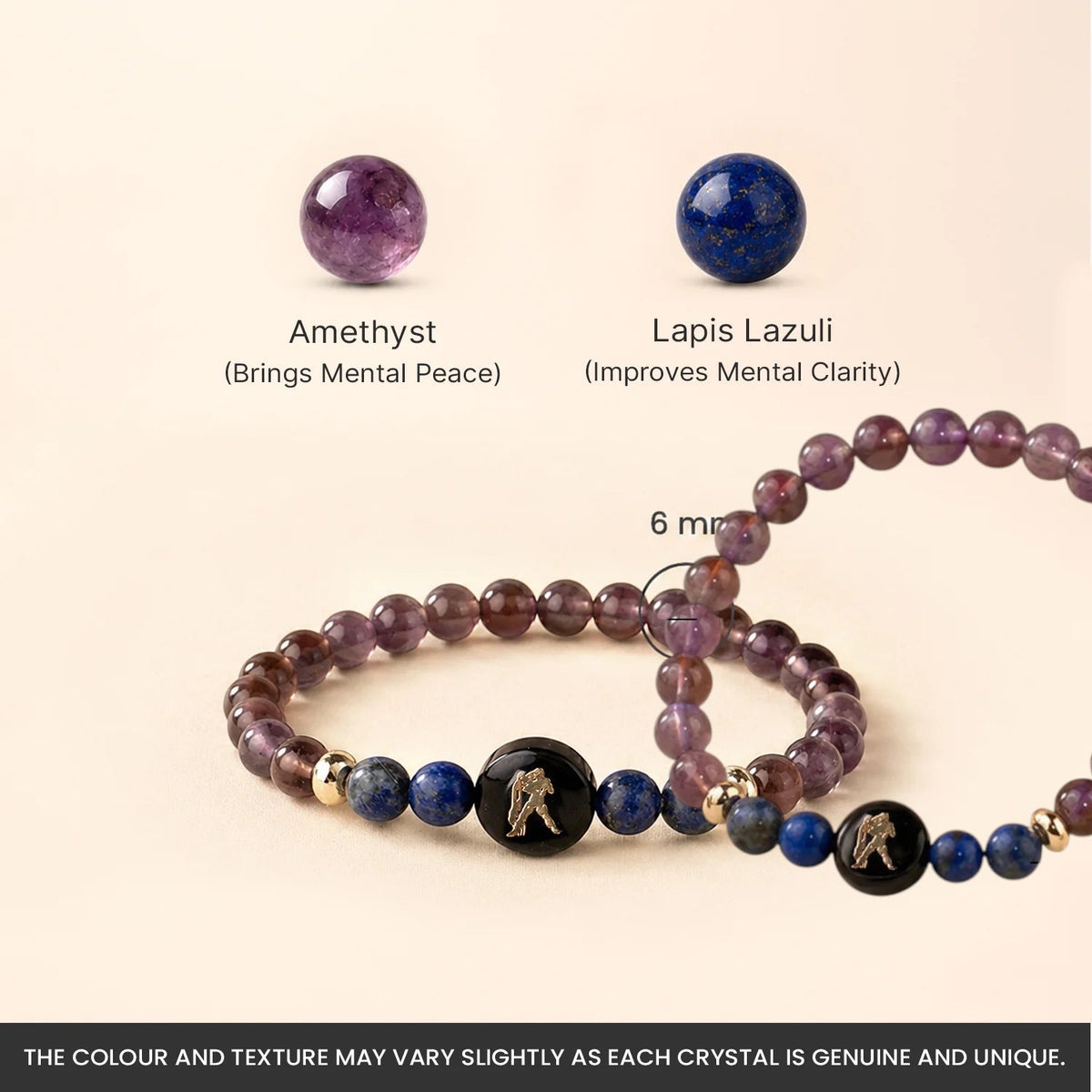 VASTUKOSHA Aquarius zodiac bracelet featuring amethyst and lapis lazuli beads with a central Aquarius symbol charm.