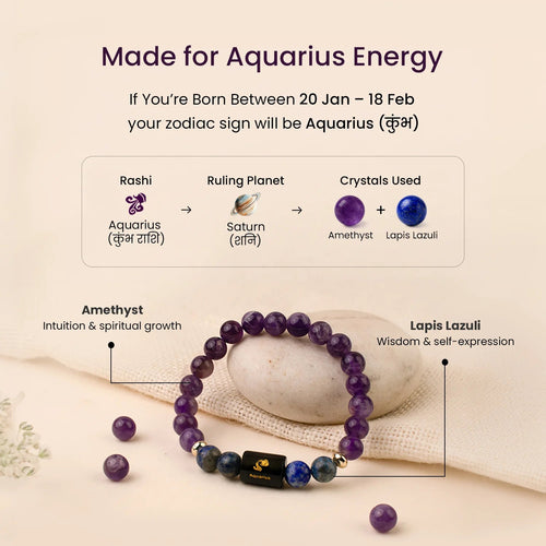 VASTUKOSHA Aquarius zodiac bracelet featuring purple amethyst and blue lapis lazuli beads with a central Aquarius charm