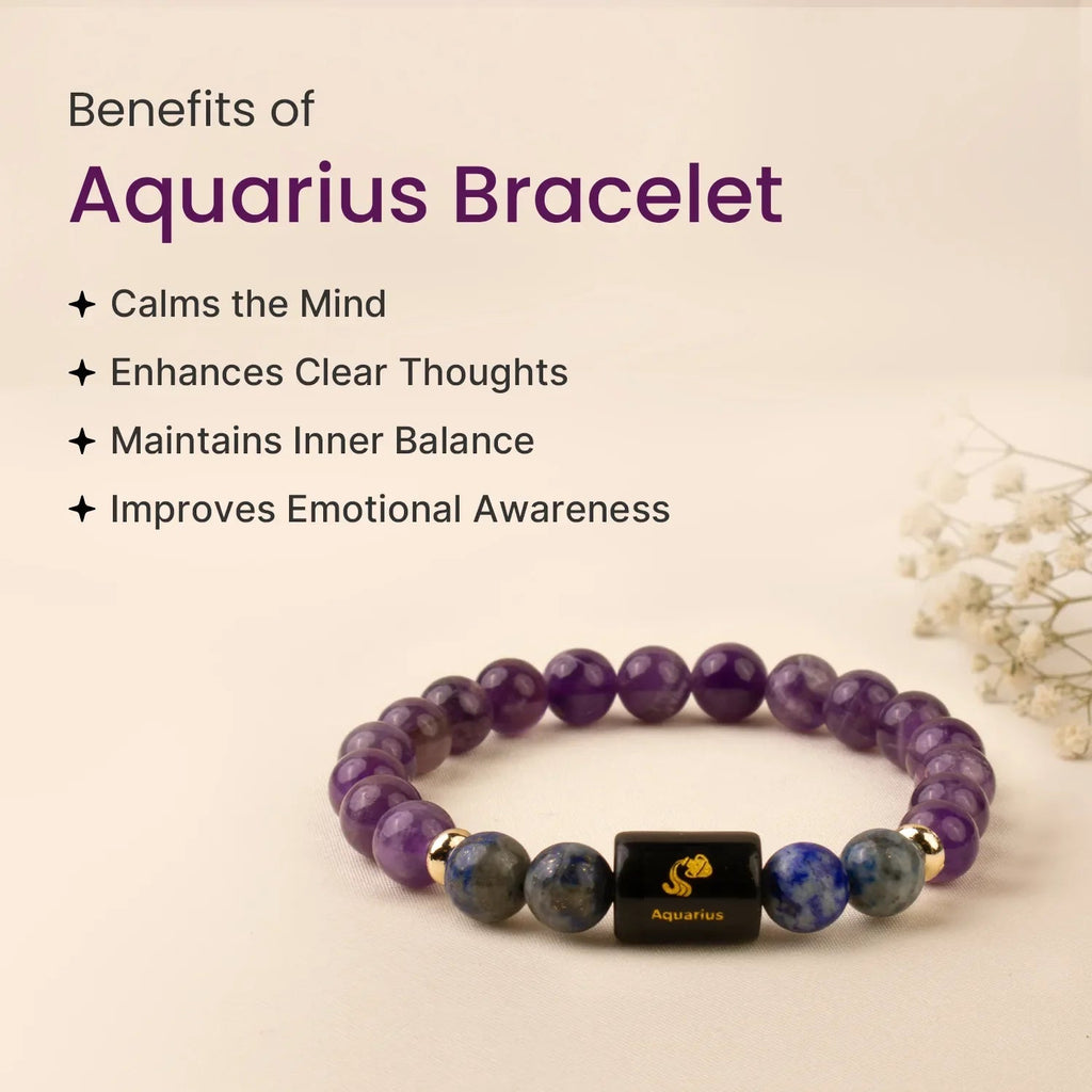 VASTUKOSHA Aquarius bracelet featuring purple amethyst and blue lapis lazuli beads with a central Aquarius charm.