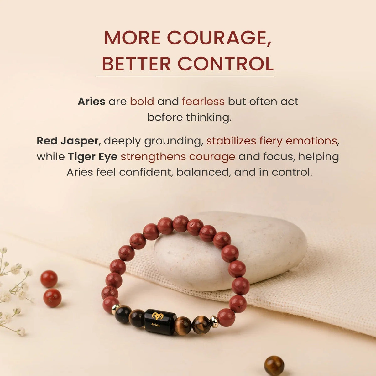 VASTUKOSHA Aries zodiac bracelet featuring red jasper and tiger eye beads with a central black Aries symbol bead