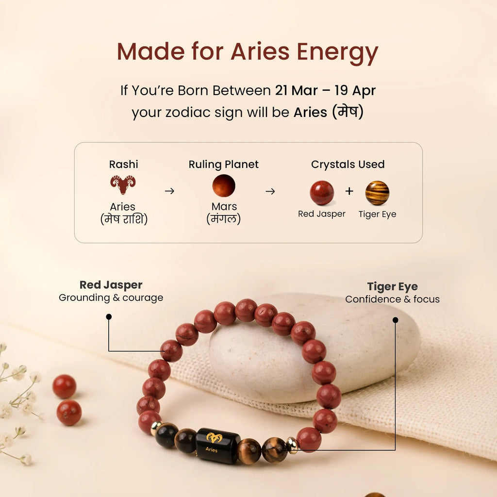VASTUKOSHA Aries zodiac bracelet featuring red jasper and tiger eye beads with a central Aries symbol charm
