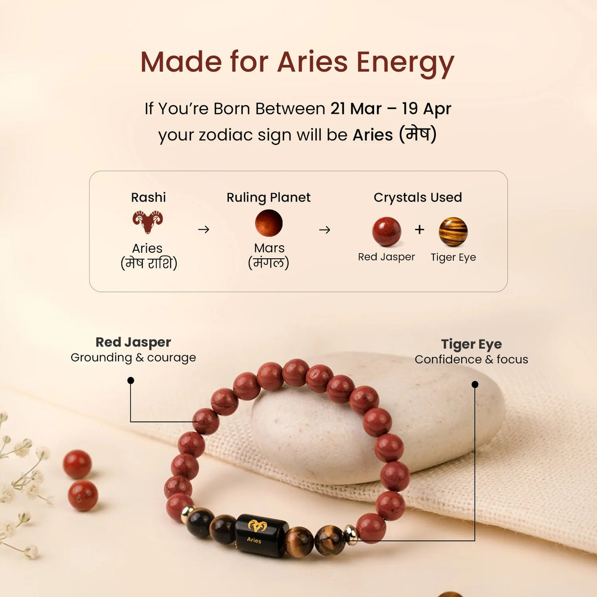 VASTUKOSHA Aries zodiac bracelet featuring red jasper and tiger eye beads with a central Aries symbol charm