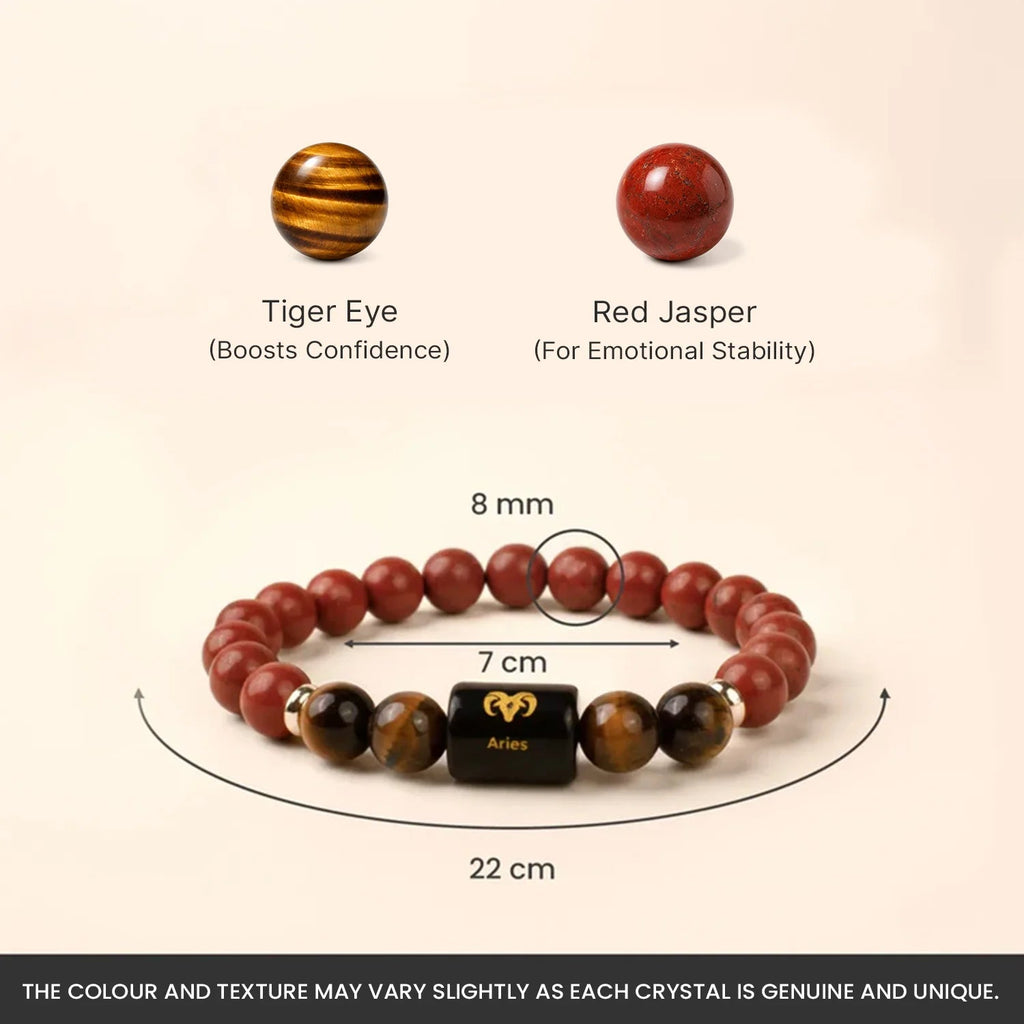 VASTUKOSHA Aries zodiac bracelet featuring red jasper and tiger eye beads with a central Aries sign charm.