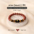 VASTUKOSHA Aries zodiac bracelet featuring red jasper and tiger eye beads with a central Aries symbol on a selenite plate.