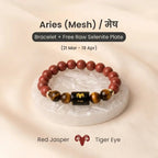 VASTUKOSHA Aries zodiac bracelet featuring red jasper and tiger eye beads with a central Aries symbol on a selenite plate.