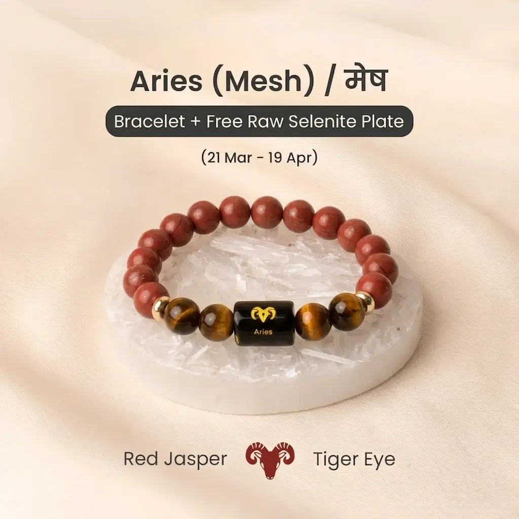 VASTUKOSHA Aries zodiac bracelet featuring red jasper and tiger eye beads with a central Aries symbol on a selenite plate.