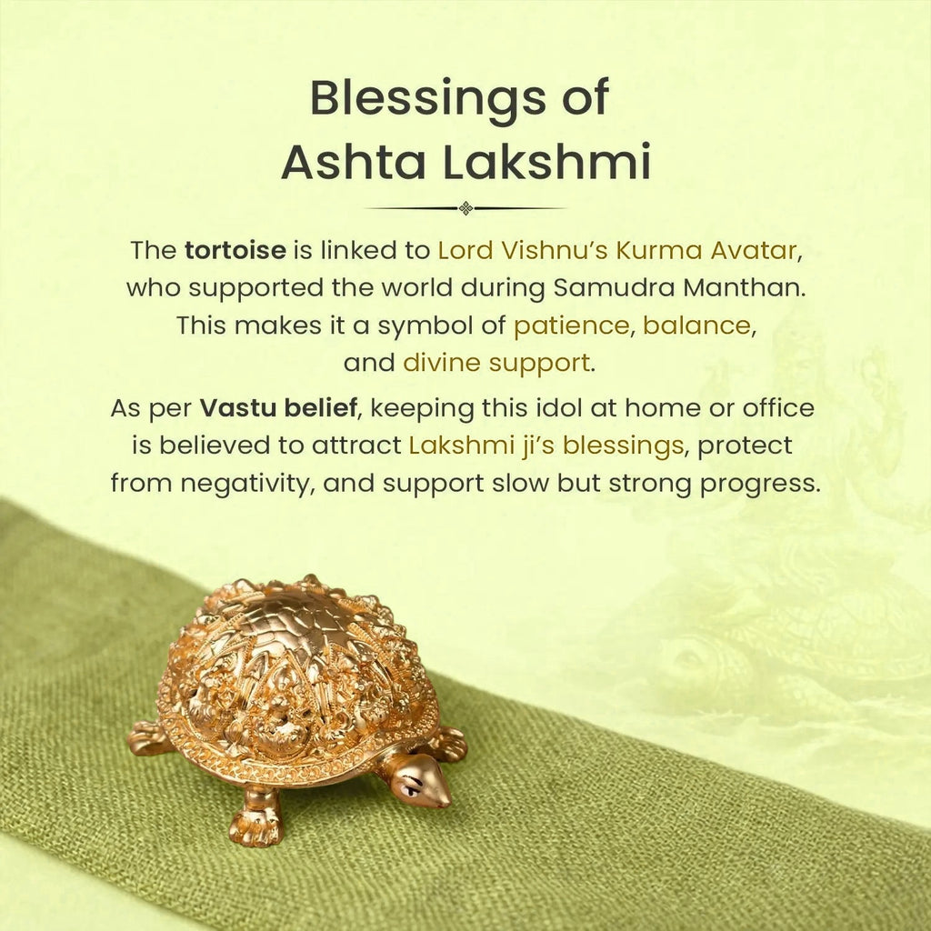 VASTUKOSHA Rishikesh Siddh Ashtalakshmi gold-toned tortoise idol for Vastu, wealth, and prosperity on brown fabric