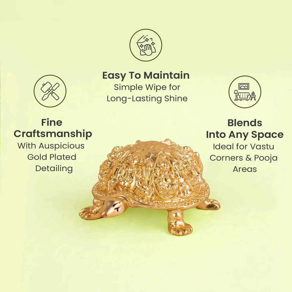 VASTUKOSHA gold plated Ashtalakshmi tortoise idol for Vastu, wealth, and prosperity in home or office temples.