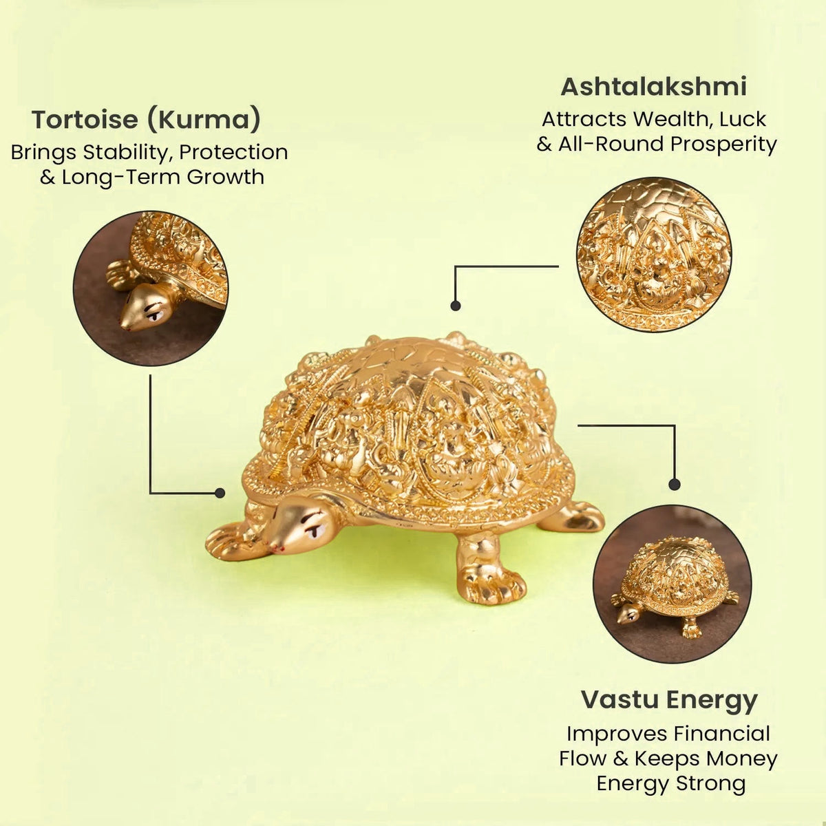 VASTUKOSHA gold-toned Ashtalakshmi tortoise idol for Vastu, featuring intricate carvings for wealth and prosperity.