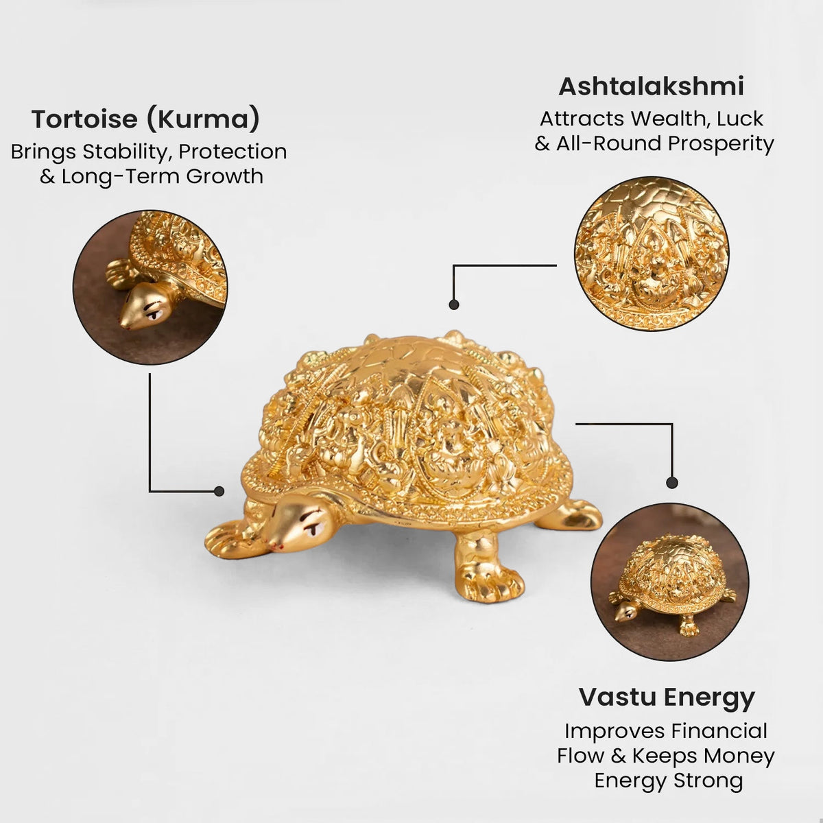 VASTUKOSHA gold-toned Rinmukteshwar Siddh Ashtalakshmi tortoise idol for wealth, prosperity, and Vastu energy.