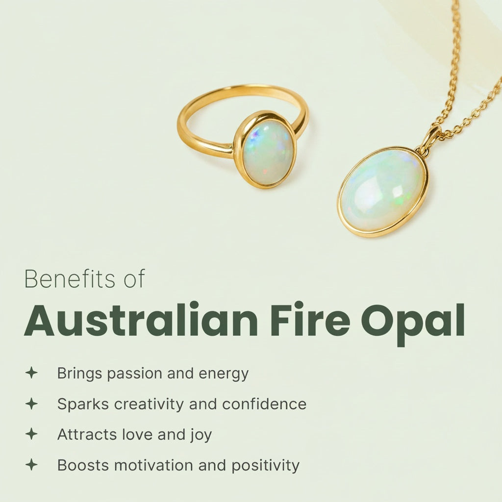 VASTUKOSHA Australian Fire Opal ring and pendant set in gold, showcasing natural gemstone play-of-colour.