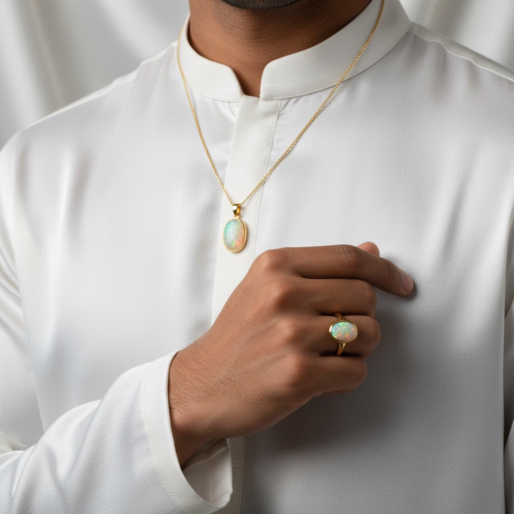 VASTUKOSHA Australian fire opal pendant and ring set in gold worn by a man in a white kurta for spiritual elegance.