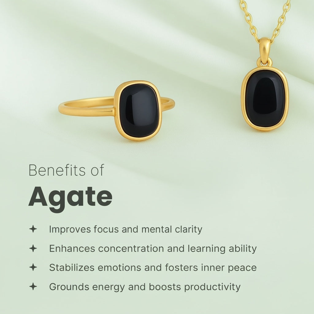 VASTUKOSHA gold-plated ring and pendant set featuring smooth black agate gemstones on a soft green background.