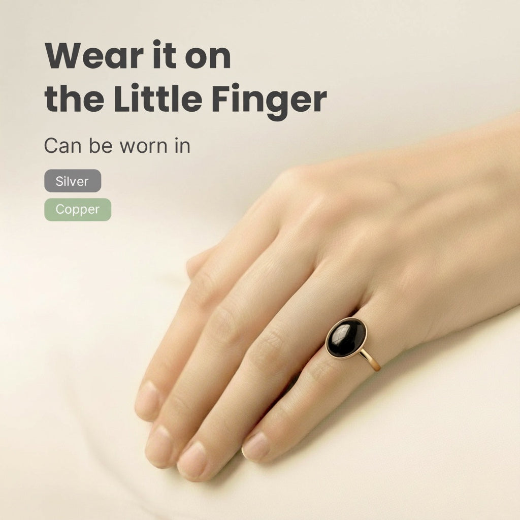 VASTUKOSHA natural black agate gemstone ring worn on the little finger, available in silver or copper settings.