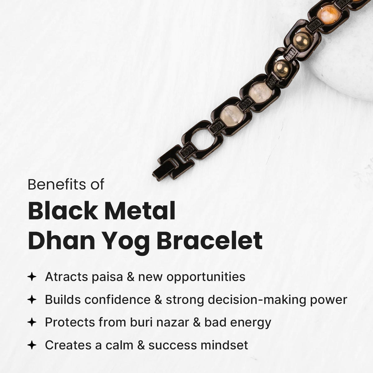 VASTUKOSHA Rishikesh Siddh Metal Dhan Yog bracelet featuring black metal links and multi-colored healing crystals