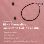 VASTUKOSHA black tourmaline beaded anklet with a blue evil eye charm on a textured pink background