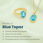 VASTUKOSHA blue topaz oval gemstone ring and pendant set in gold, displayed on a soft green background.