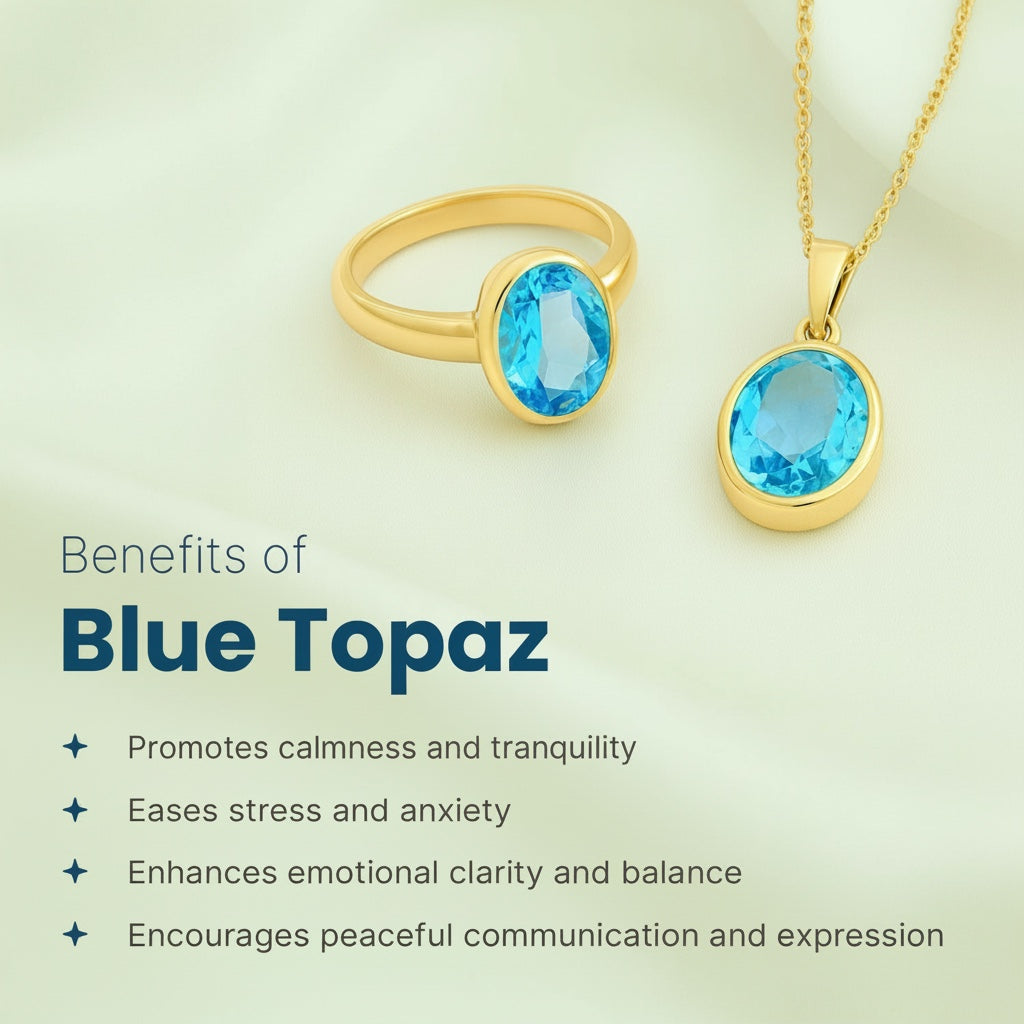VASTUKOSHA blue topaz oval gemstone ring and pendant set in gold, displayed on a soft green background.
