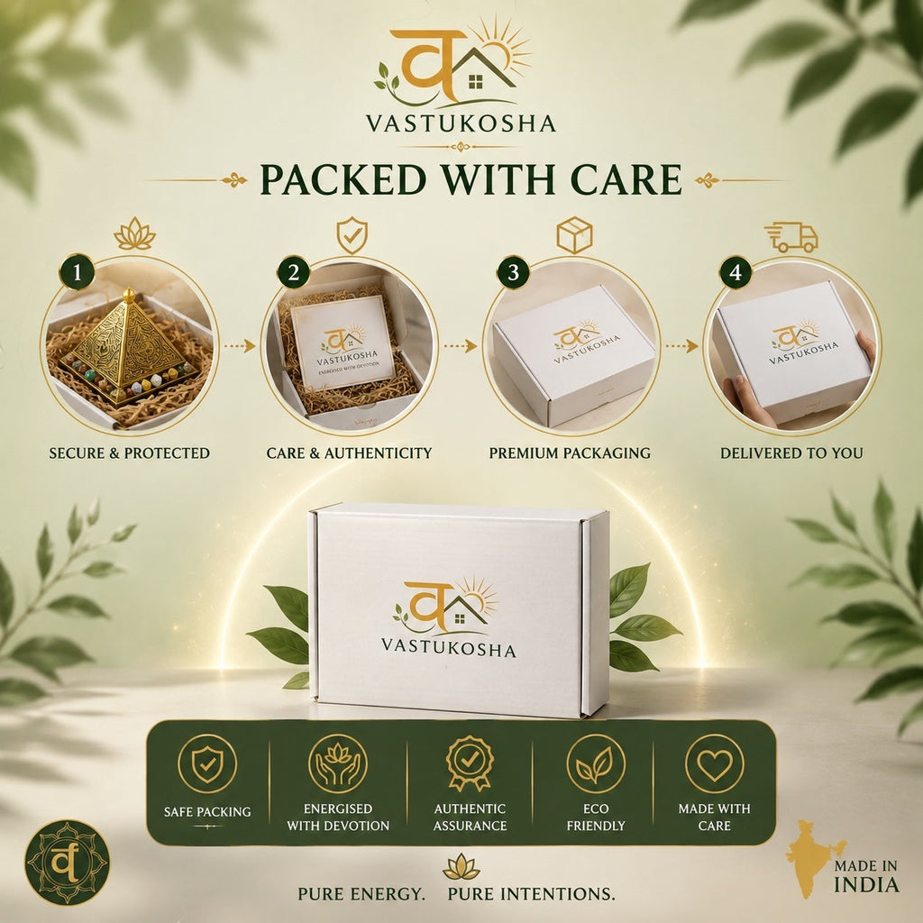VASTUKOSHA branded packaging process showing secure product protection, authenticity documentation, and gift box