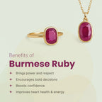 VASTUKOSHA Burmese Ruby gemstone set in a gold ring and pendant, highlighting traditional Jyotish benefits.