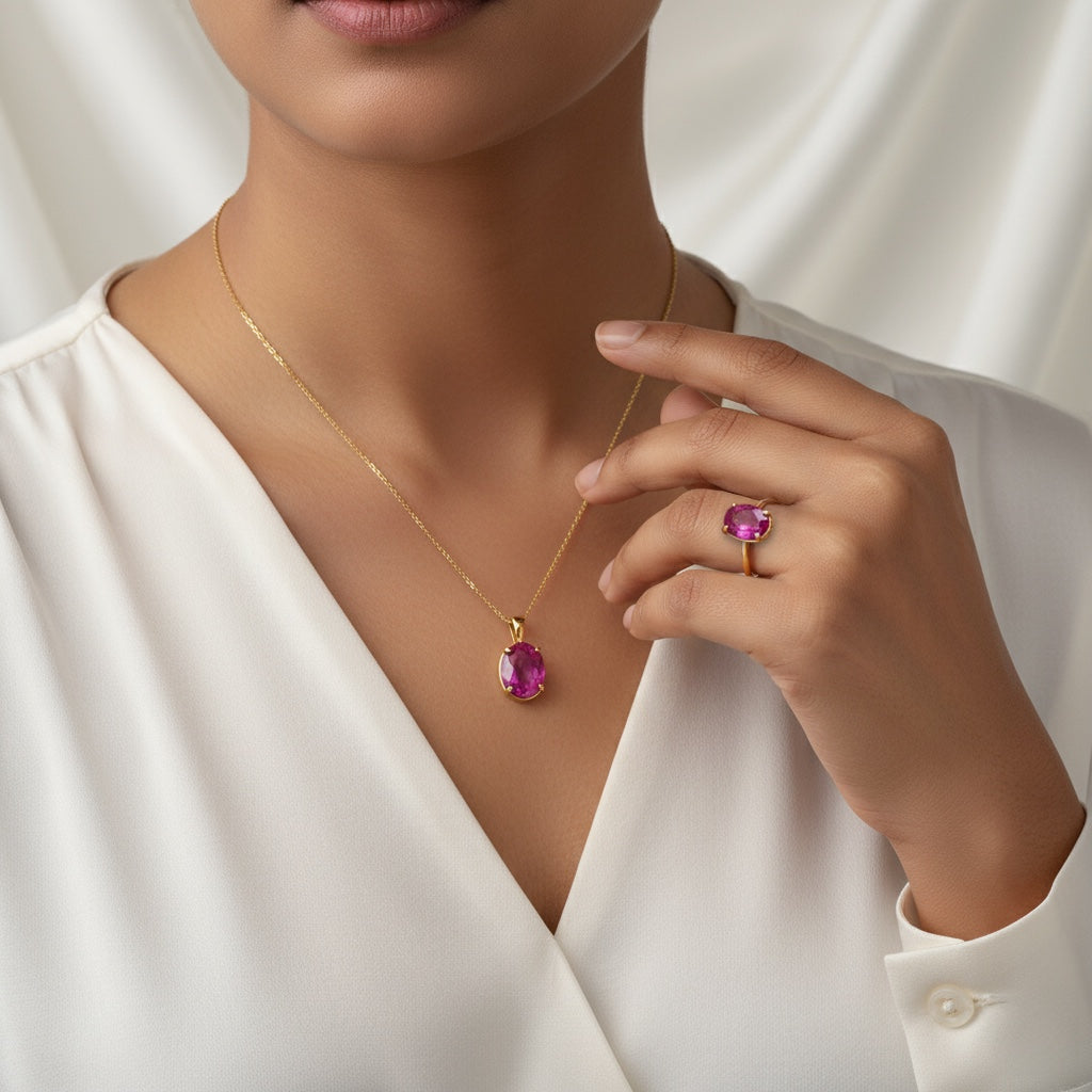 VASTUKOSHA natural Burmese ruby pendant and ring set worn by a woman in a white blouse for a sophisticated look.